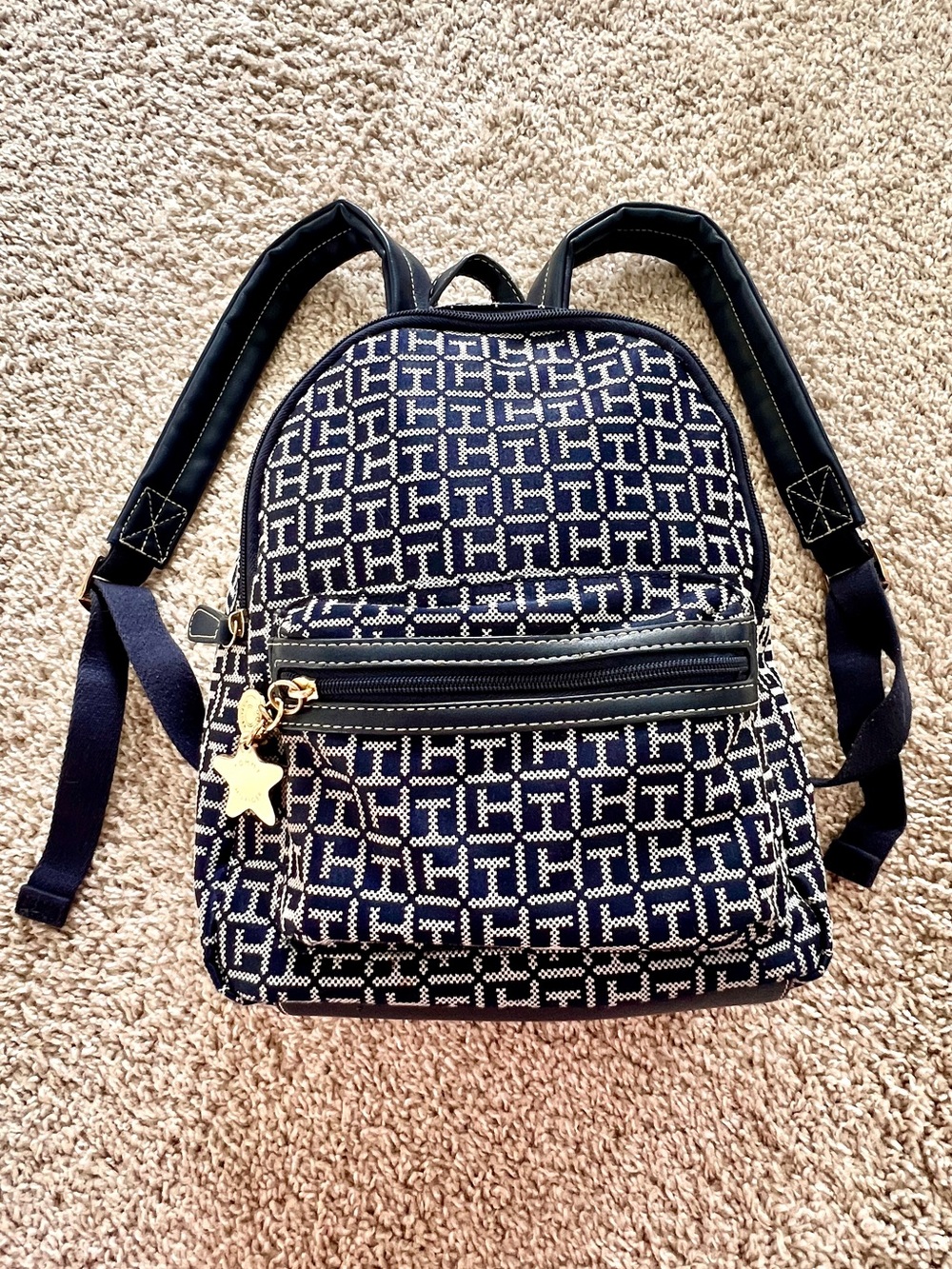 Tommy Hilfiger Navy and Cream Monogram Mini Backpack with Gold Star Charm